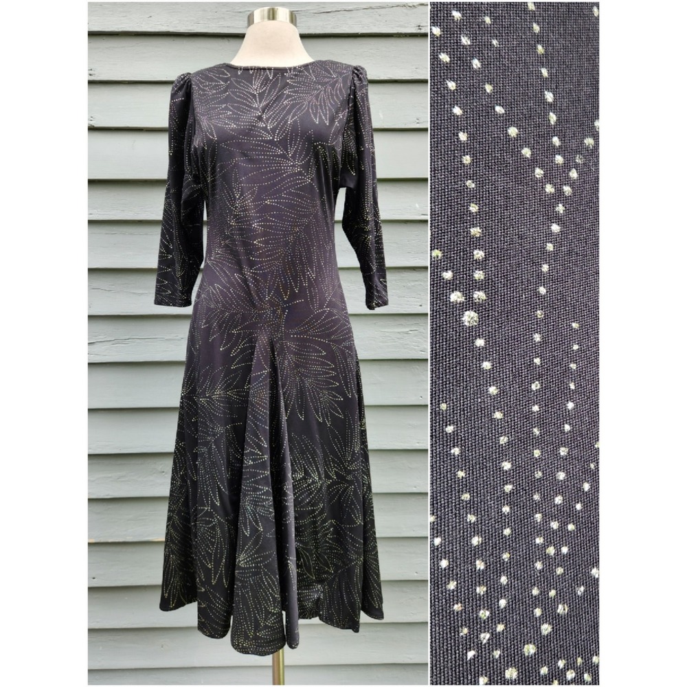 Vintage 80s Annie Rose Midi Dress Black Silver Glitter Metallic Leaf Print Small